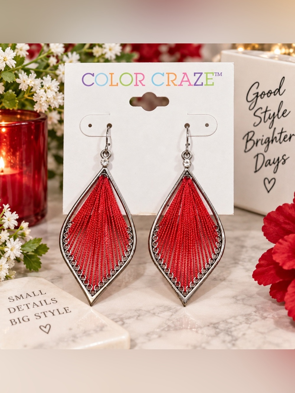 Color Craze Red Thread Wrapped Teardrop Dangle Earrings Silver Tone